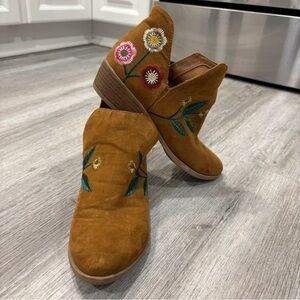 Indigo Brown Suede Embroidered Floral Ankle Boots